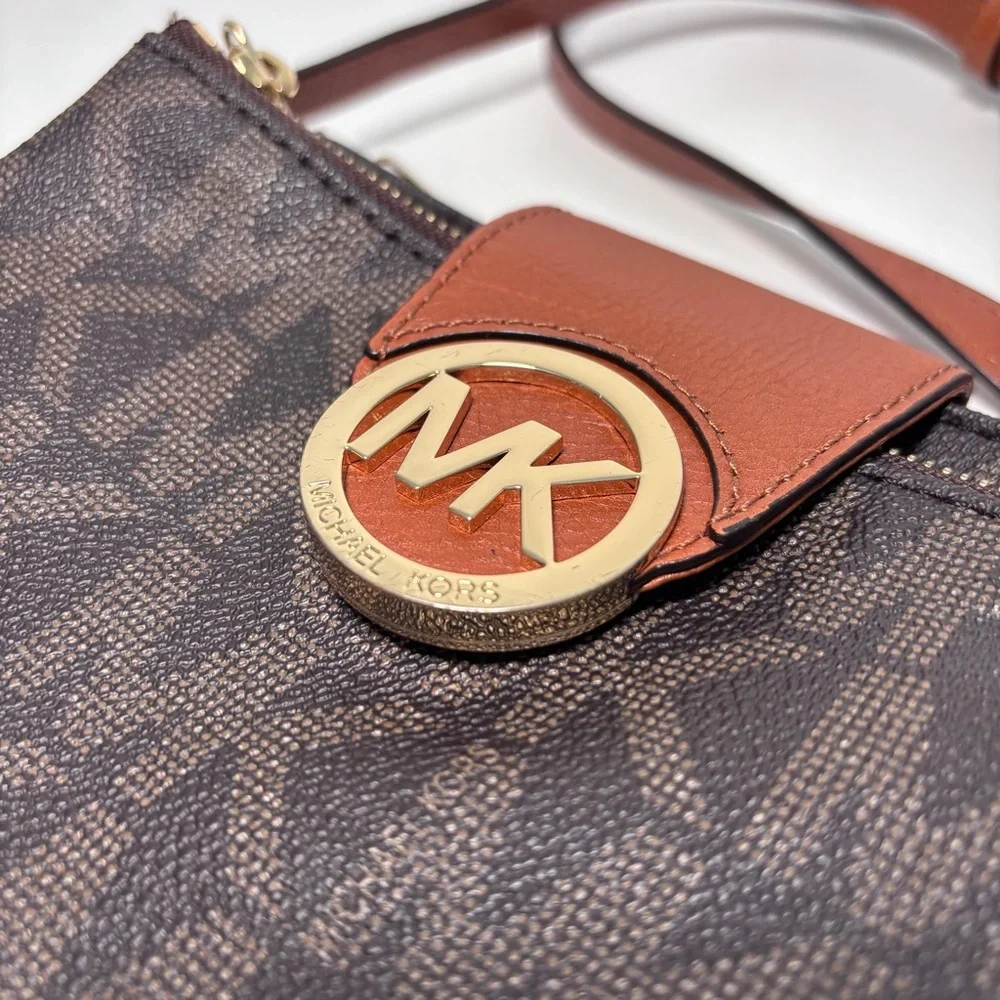Michael Kors Brown Signature Coated Canvas and Leather Fulton Crossbody Bag